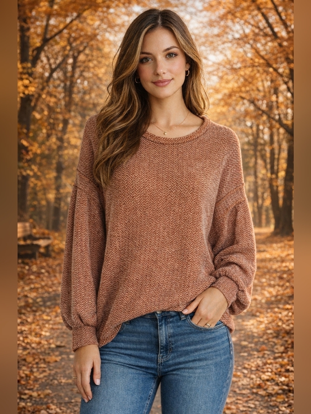 Love Riche Rust Chevron Balloon-Sleeve Crew Neck Sweater
